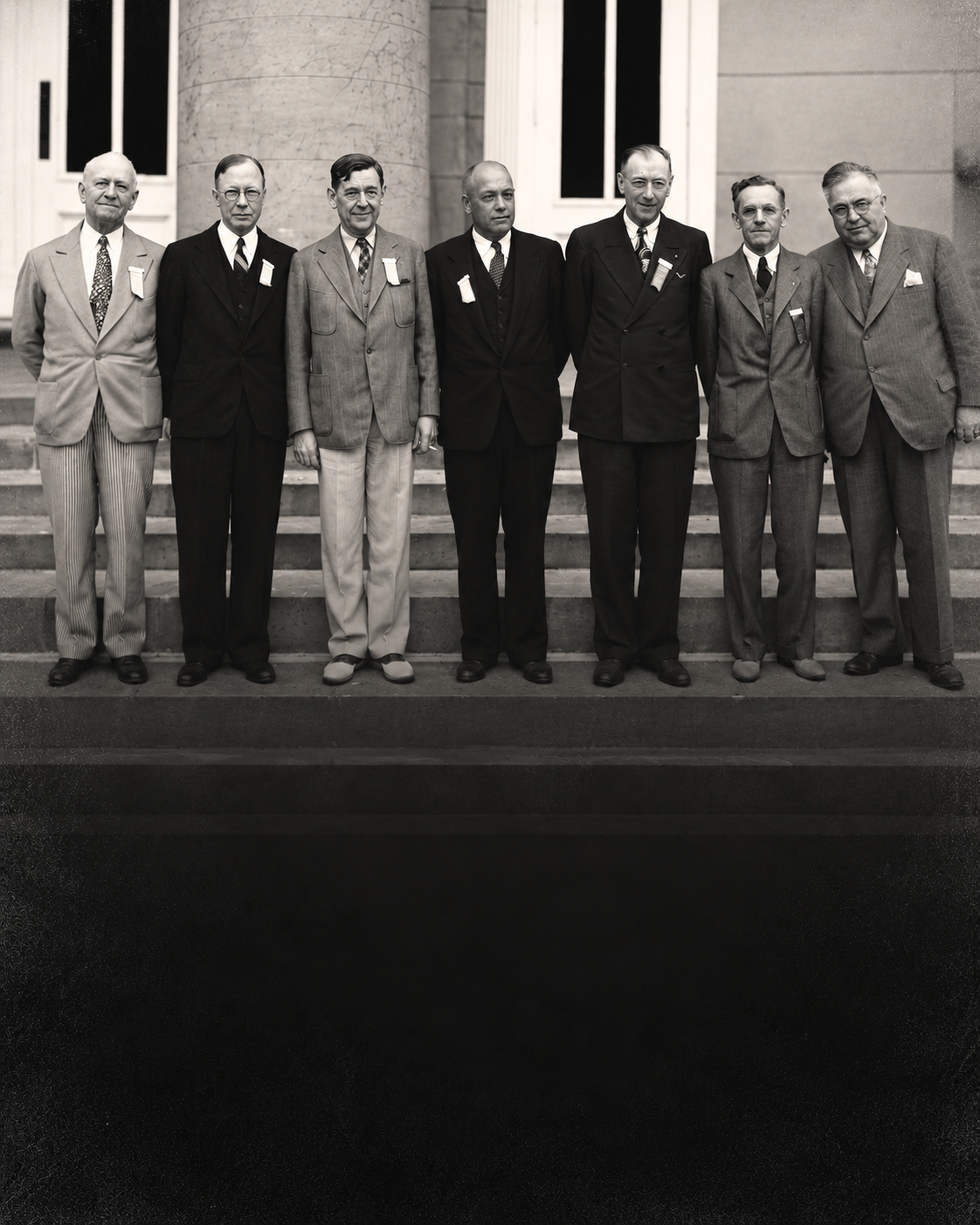 Historical photograph of seven Delta Chi leaders standing together on the steps of a building.